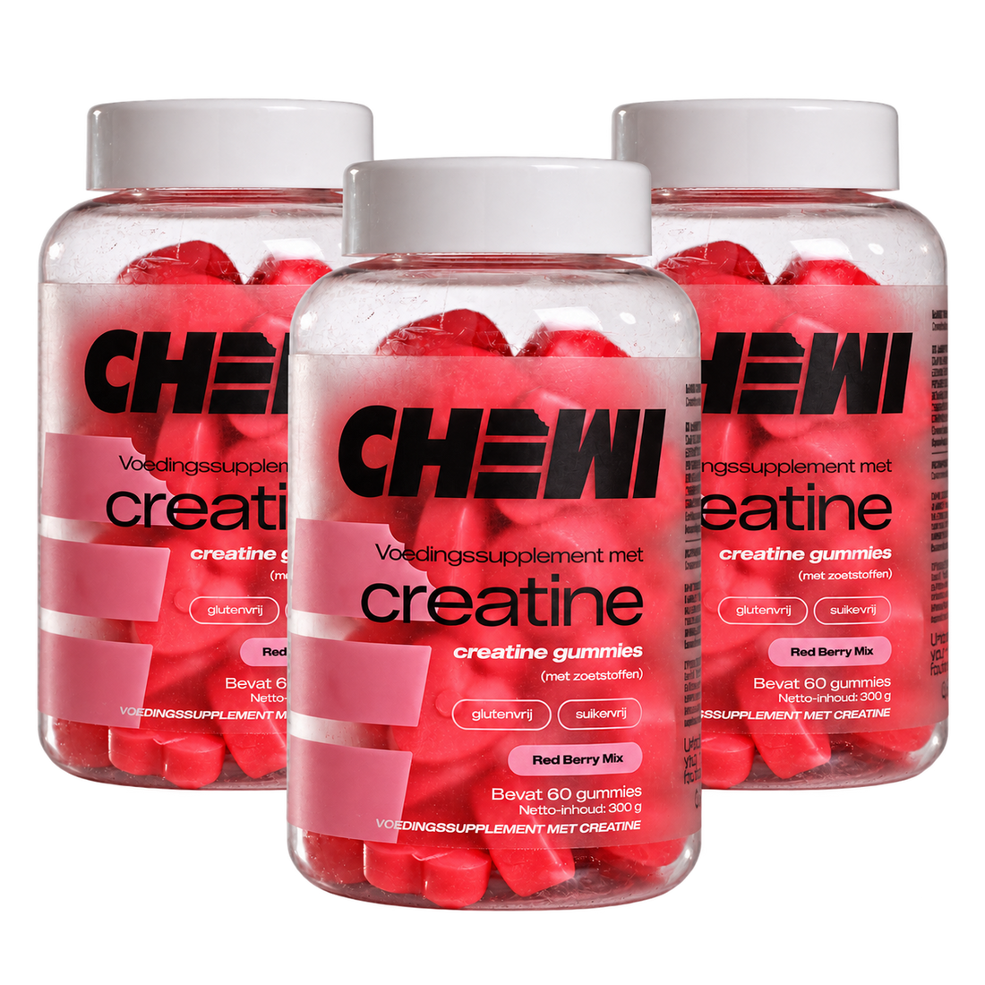 Chewi Triple Pack, three jars of Red Berry Mix creatine gummies