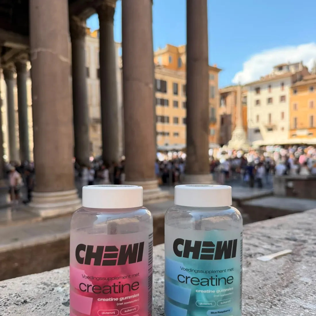Two jars of Chewi in front of the Pantheon in Rome